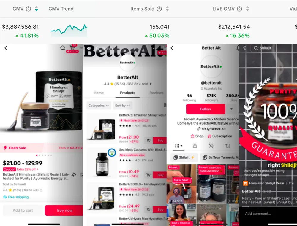 BetterAlt commerce dashboard and TikTok Shop campaign examples