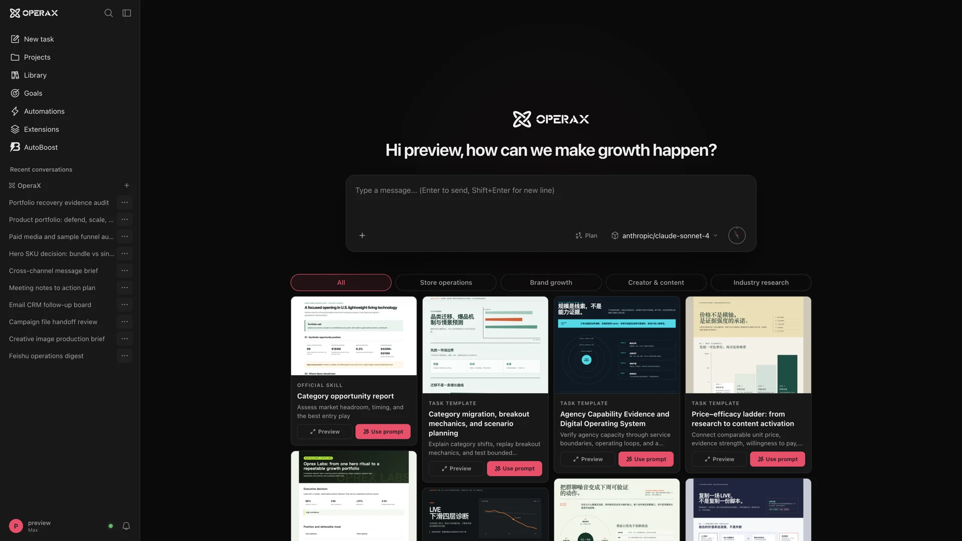 OperaX workspace with AI task planning, chat, and an operations library